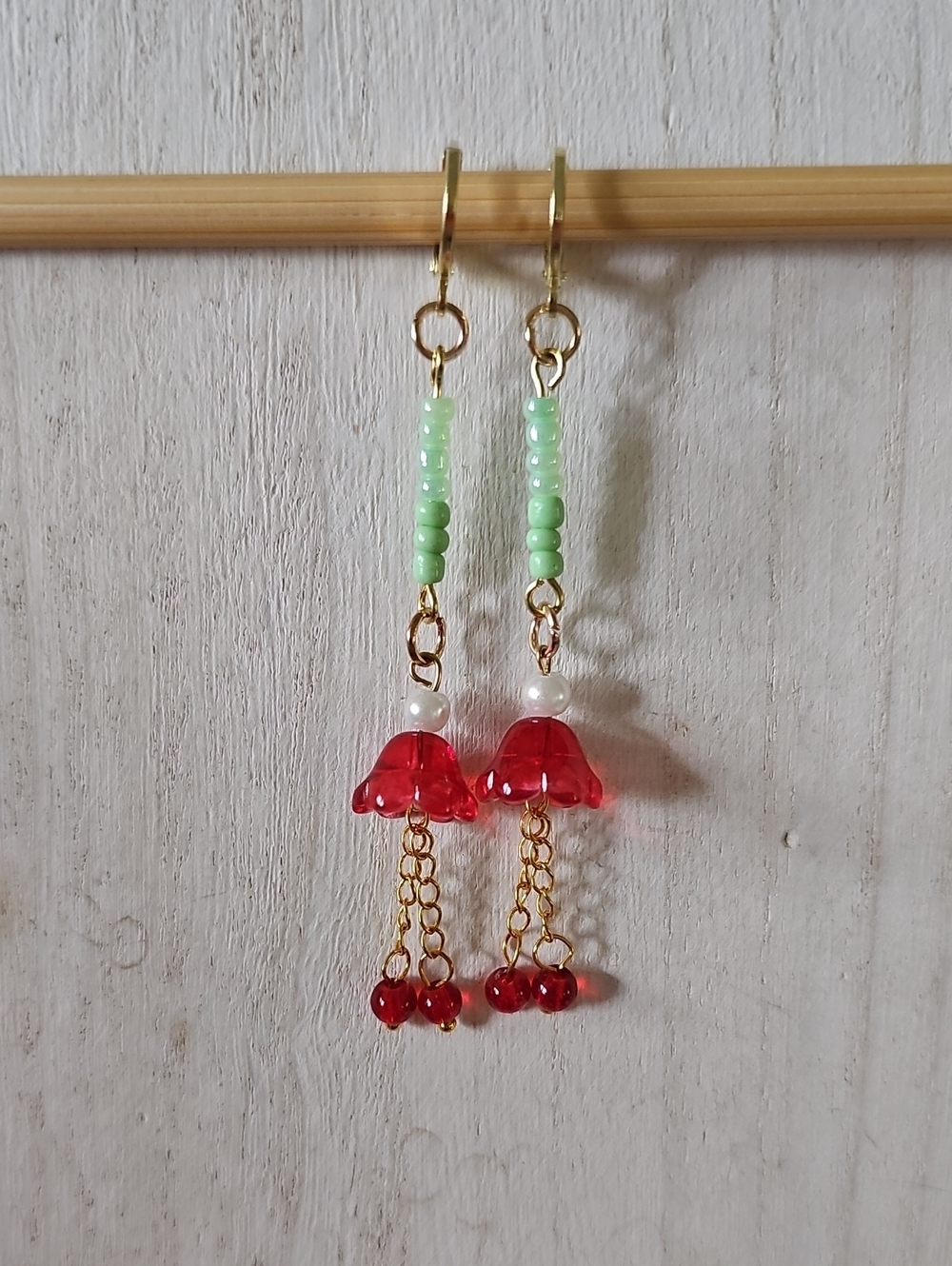 Red Flower Drop Earrings with Mint Green Beads